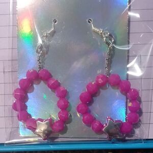 Vibrant Pink Beaded Star Earrings